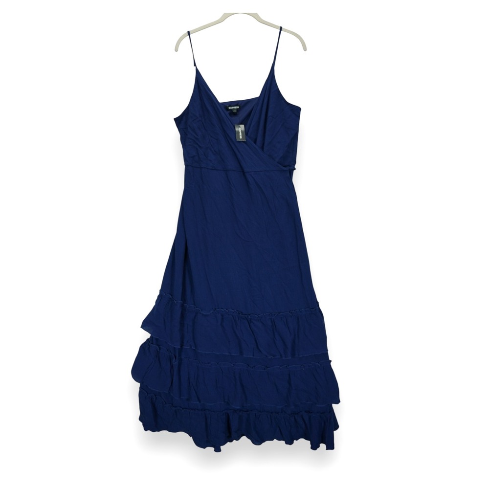 NWT Express Women's Dress Wrap‎ Ruffle Tiered Sleeveless Lined Maxi Blue Large